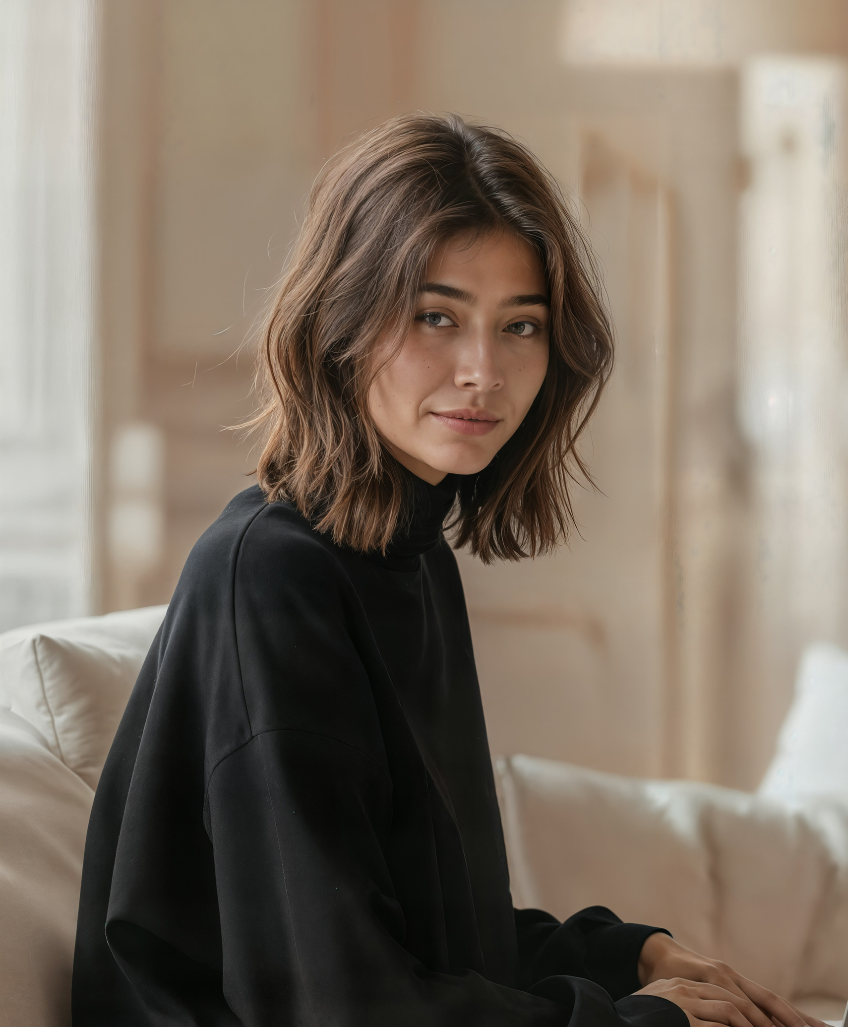 Nuori nainen, jolla on olkapäille ulottuvat ruskeat hiukset ja musta paita, istuu pehmustetulla valkoisella sohvallaan ja katsoo kameraan hillitysti hymyillen.