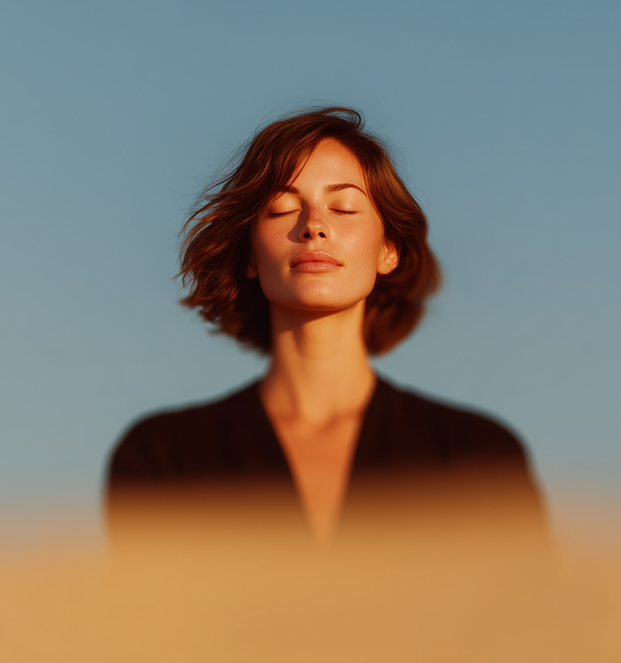 Nuori nainen silmät suljettuina rauhallisena pehmeässä auringonvalossa sinistä taustaa vasten.