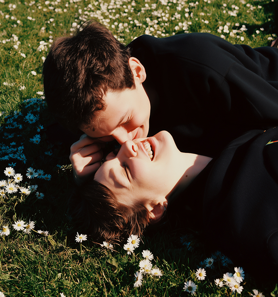 Pariskunta makaa ruohikolla ja hymyilee, ympärillä valkoisia päivänkakkaroita.