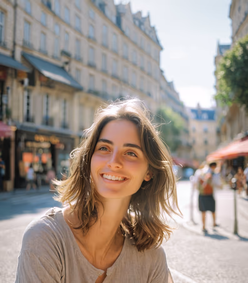 Hymyilevä nainen istuu ulkona auringonpaisteessa kaupungin kadulla taustalla rakennuksia ja ihmisiä.